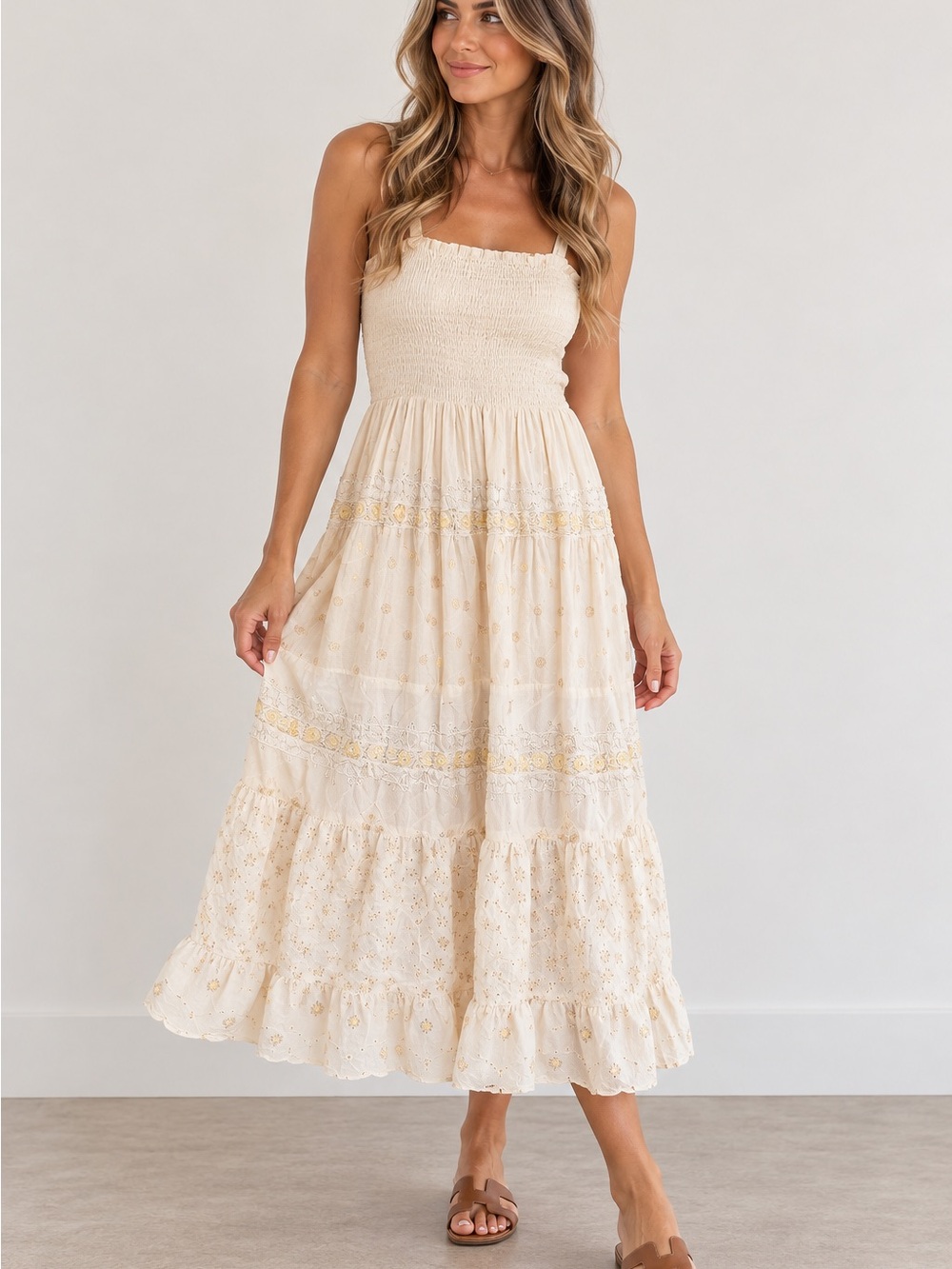 339. Double Decker Cream Smocked Midi Dress